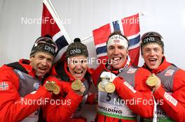 09.03.2012, Ruhpolding, Germany (GER): L-R: Ole Einar Bjoerndalen (NOR), Madshus, Rottefella, Odlo, Rune Bratsveen (NOR), Madshus, Rottefella, Odlo, Emil Hegle Svendsen (NOR), Madshus, Rottefella, Swix, Odlo, Tarjei Boe (NOR), Fischer, Rottefella, Swix, ODLO - IBU world championships biathlon, medals, Ruhpolding (GER). www.nordicfocus.com. © Manzoni/NordicFocus. Every downloaded picture is fee-liable.