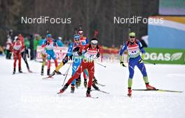04.03.2012, Ruhpolding, Germany (GER): l-r: Ole Einar Bjoerndalen (NOR), Madshus, Rottefella, Odlo, Klemen Bauer (SLO), Fischer, Rottefella, Alpina, Swix - IBU world championships biathlon, pursuit men, Ruhpolding (GER). www.nordicfocus.com. © Felgenhauer/NordicFocus. Every downloaded picture is fee-liable.