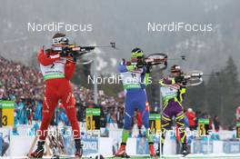 04.03.2012, Ruhpolding, Germany (GER): Emil Hegle Svendsen (NOR), Madshus, Rottefella, Swix, Odlo, Jakov Fak (SLO), Fischer, Rottefella, Alpina, Swix, Alexis Boeuf (FRA), Salomon, Swix, OneWay - IBU world championships biathlon, pursuit men, Ruhpolding (GER). www.nordicfocus.com. © Manzoni/NordicFocus. Every downloaded picture is fee-liable.