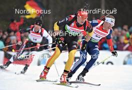 04.03.2012, Ruhpolding, Germany (GER): l-r: Simon Schempp (GER), Fischer, Rottefella, Alpina, Leki, adidas, Lowell Bailey (USA), Rossignol, Rottefella, One Way - IBU world championships biathlon, pursuit men, Ruhpolding (GER). www.nordicfocus.com. © Felgenhauer/NordicFocus. Every downloaded picture is fee-liable.