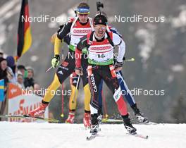 04.03.2012, Ruhpolding, Germany (GER): l-r: Andreas Birnbacher (GER), Fischer, Rottefella, Alpina, Leki, adidas, Jean Philippe Leguellec (CAN), Rossignol, Rottefella, Swix - IBU world championships biathlon, pursuit men, Ruhpolding (GER). www.nordicfocus.com. © Felgenhauer/NordicFocus. Every downloaded picture is fee-liable.