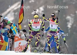 04.03.2012, Ruhpolding, Germany (GER): l-r: Simon Fourcade (FRA), Fischer, Rottefella, Rossignol, Swix, Odlo, Alexis Boeuf (FRA), Salomon, Swix, OneWay - IBU world championships biathlon, pursuit men, Ruhpolding (GER). www.nordicfocus.com. © Felgenhauer/NordicFocus. Every downloaded picture is fee-liable.