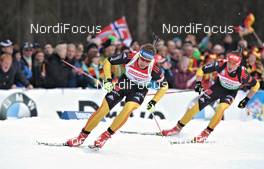 04.03.2012, Ruhpolding, Germany (GER): l-r: Andreas Birnbacher (GER), Fischer, Rottefella, Alpina, Leki, adidas, Simon Schempp (GER), Fischer, Rottefella, Alpina, Leki, adidas - IBU world championships biathlon, pursuit men, Ruhpolding (GER). www.nordicfocus.com. © Felgenhauer/NordicFocus. Every downloaded picture is fee-liable.