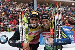 04.03.2012, Ruhpolding, Germany (GER): l-r: Martin Fourcade (FRA), Rossignol, Rottefella, OneWay, Carl-Johan Bergman (SWE), Rossignol, Rottefella, Leki, adidas - IBU world championships biathlon, pursuit men, Ruhpolding (GER). www.nordicfocus.com. © Felgenhauer/NordicFocus. Every downloaded picture is fee-liable.