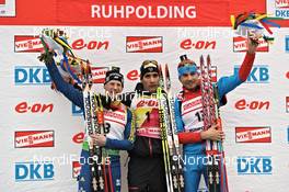 04.03.2012, Ruhpolding, Germany (GER): l-r: Carl-Johan Bergman (SWE), Rossignol, Rottefella, Leki, adidas, Martin Fourcade (FRA), Rossignol, Rottefella, OneWay, Anton Shipulin (RUS), Madshus, Rottefella, adidas - IBU world championships biathlon, pursuit men, Ruhpolding (GER). www.nordicfocus.com. © Felgenhauer/NordicFocus. Every downloaded picture is fee-liable.
