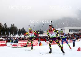 04.03.2012, Ruhpolding, Germany (GER): Simon Fourcade (FRA), Fischer, Rottefella, Rossignol, Swix, Odlo, Alexis Boeuf (FRA), Salomon, Swix, OneWay - IBU world championships biathlon, pursuit men, Ruhpolding (GER). www.nordicfocus.com. © Manzoni/NordicFocus. Every downloaded picture is fee-liable.