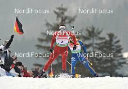04.03.2012, Ruhpolding, Germany (GER): l-r: Emil Hegle Svendsen (NOR), Madshus, Rottefella, Swix, Odlo, Carl-Johan Bergman (SWE), Rossignol, Rottefella, Leki, adidas - IBU world championships biathlon, pursuit men, Ruhpolding (GER). www.nordicfocus.com. © Felgenhauer/NordicFocus. Every downloaded picture is fee-liable.