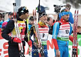 04.03.2012, Ruhpolding, Germany (GER): l-r: Martin Fourcade (FRA), Rossignol, Rottefella, OneWay, Carl-Johan Bergman (SWE), Rossignol, Rottefella, Leki, adidas, Anton Shipulin (RUS), Madshus, Rottefella, adidas - IBU world championships biathlon, pursuit men, Ruhpolding (GER). www.nordicfocus.com. © Felgenhauer/NordicFocus. Every downloaded picture is fee-liable.