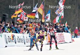 04.03.2012, Ruhpolding, Germany (GER): l-r: Carl-Johan Bergman (SWE), Rossignol, Rottefella, Leki, adidas, Martin Fourcade (FRA), Rossignol, Rottefella, OneWay, Daniel Mesotitsch (AUT), Fischer, Rottefella, Leki - IBU world championships biathlon, pursuit men, Ruhpolding (GER). www.nordicfocus.com. © Felgenhauer/NordicFocus. Every downloaded picture is fee-liable.