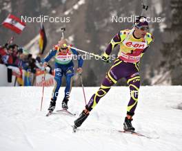 04.03.2012, Ruhpolding, Germany (GER): l-r: Carl-Johan Bergman (SWE), Rossignol, Rottefella, Leki, adidas, Martin Fourcade (FRA), Rossignol, Rottefella, OneWay - IBU world championships biathlon, pursuit men, Ruhpolding (GER). www.nordicfocus.com. © Felgenhauer/NordicFocus. Every downloaded picture is fee-liable.