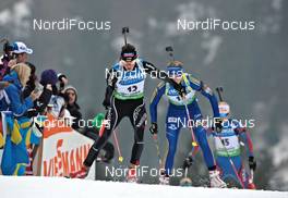 04.03.2012, Ruhpolding, Germany (GER): l-r: Selina Gasparin (SUI), Rossignol, Rottefella, Alpina, Leki, ODLO, Anna Maria Nilsson (SWE), Madshus, Rottefella, Leki, adidas, Mari Laukkanen (FIN), Fischer, Rottefella, Exel - IBU world championships biathlon, pursuit women, Ruhpolding (GER). www.nordicfocus.com. © Felgenhauer/NordicFocus. Every downloaded picture is fee-liable.