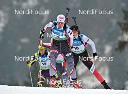 04.03.2012, Ruhpolding, Germany (GER): l-r: Magdalena Gwizdon (POL), Fischer, Rottefella, Alpina, Swix, Zina Kocher (CAN), Atomic, Leki, Odlo - IBU world championships biathlon, pursuit women, Ruhpolding (GER). www.nordicfocus.com. © Felgenhauer/NordicFocus. Every downloaded picture is fee-liable.