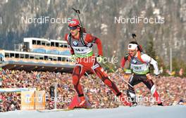09.03.2012, Ruhpolding, Germany (GER): l-r: Miroslav Kenanov (BUL), Madshus, Rottefella, Jean Philippe Leguellec (CAN), Rossignol, Rottefella, Swix - IBU world championships biathlon, relay men, Ruhpolding (GER). www.nordicfocus.com. © Felgenhauer/NordicFocus. Every downloaded picture is fee-liable.