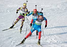 09.03.2012, Ruhpolding, Germany (GER): l-r: Simon Fourcade (FRA), Fischer, Rottefella, Rossignol, Swix, Odlo, Serguei Sednev (UKR), Rossignol, Rottefella, Swix, Andrei Makoveev (RUS), Fischer, Rottefella, Swix, adidas - IBU world championships biathlon, relay men, Ruhpolding (GER). www.nordicfocus.com. © Felgenhauer/NordicFocus. Every downloaded picture is fee-liable.