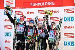 10.03.2012, Ruhpolding, Germany (GER): l-r: Tina Bachmann (GER), Fischer, Rottefella, Swix, adidas, Magdalena Neuner (GER), Fischer, Rottefella, Swix, adidas, Toko, Miriam Goessner (GER), Fischer, Salomon, Swix, adidas, Andrea Henkel (GER), Fischer, Rottefella, Swix, adidas, Toko - IBU world championships biathlon, relay women, Ruhpolding (GER). www.nordicfocus.com. © Felgenhauer/NordicFocus. Every downloaded picture is fee-liable.
