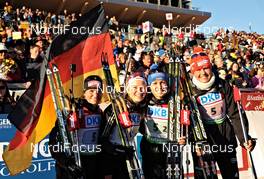 10.03.2012, Ruhpolding, Germany (GER): l-r: Andrea Henkel (GER), Fischer, Rottefella, Swix, adidas, Toko, Miriam Goessner (GER), Fischer, Salomon, Swix, adidas, Magdalena Neuner (GER), Fischer, Rottefella, Swix, adidas, Toko, Tina Bachmann (GER), Fischer, Rottefella, Swix, adidas - IBU world championships biathlon, relay women, Ruhpolding (GER). www.nordicfocus.com. © Felgenhauer/NordicFocus. Every downloaded picture is fee-liable.
