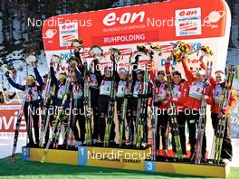 10.03.2012, Ruhpolding, Germany (GER): l-r: Team France, Team Germany, Team Norway - IBU world championships biathlon, relay women, Ruhpolding (GER). www.nordicfocus.com. © Felgenhauer/NordicFocus. Every downloaded picture is fee-liable.