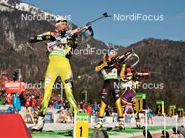 10.03.2012, Ruhpolding, Germany (GER): l-r: Anastasiya Kuzmina (SVK), Fischer, Salomon, Start, Magdalena Neuner (GER), Fischer, Rottefella, Swix, adidas, Toko, Sophie Boilly (FRA), Rossignol, One Way - IBU world championships biathlon, relay women, Ruhpolding (GER). www.nordicfocus.com. © Felgenhauer/NordicFocus. Every downloaded picture is fee-liable.