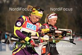 10.03.2012, Ruhpolding, Germany (GER): l-r: Anais Bescond (FRA), Madshus, Rottefella, Swix, OneWay, Miriam Goessner (GER), Fischer, Salomon, Swix, adidas - IBU world championships biathlon, relay women, Ruhpolding (GER). www.nordicfocus.com. © Felgenhauer/NordicFocus. Every downloaded picture is fee-liable.