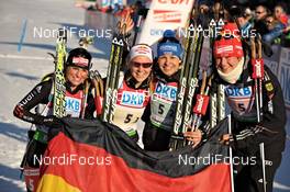 10.03.2012, Ruhpolding, Germany (GER): l-r: Andrea Henkel (GER), Fischer, Rottefella, Swix, adidas, Toko, Miriam Goessner (GER), Fischer, Salomon, Swix, adidas, Magdalena Neuner (GER), Fischer, Rottefella, Swix, adidas, Toko, Tina Bachmann (GER), Fischer, Rottefella, Swix, adidas - IBU world championships biathlon, relay women, Ruhpolding (GER). www.nordicfocus.com. © Felgenhauer/NordicFocus. Every downloaded picture is fee-liable.