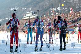 10.03.2012, Ruhpolding, Germany (GER): L-R: Romana Schrempf (AUT), Fischer, Rottefella, Swix, Mari Laukkanen (FIN), Fischer, Rottefella, Exel, Natalya Burdyga (URK), Fischer, Rottefella, Swix, Krystyna Palka (POL), Fischer, Rottefella, Alpina, Swix, Fuyuko Suzuki (JPN) - IBU world championships biathlon, relay women, Ruhpolding (GER). www.nordicfocus.com. © Manzoni/NordicFocus. Every downloaded picture is fee-liable.