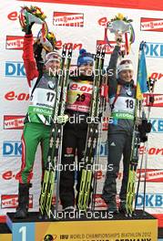 03.03.2012, Ruhpolding, Germany (GER): l-r: Darya Domracheva (BLR), Fischer, Rottefella, Leki, Magdalena Neuner (GER), Fischer, Rottefella, Swix, adidas, Toko, Vita Semerenko (UKR), Fischer, Salomon, Swix - IBU world championships biathlon, sprint women, Ruhpolding (GER). www.nordicfocus.com. © Felgenhauer/NordicFocus. Every downloaded picture is fee-liable.