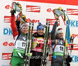 03.03.2012, Ruhpolding, Germany (GER): l-r: Darya Domracheva (BLR), Fischer, Rottefella, Leki, Magdalena Neuner (GER), Fischer, Rottefella, Swix, adidas, Toko, Vita Semerenko (UKR), Fischer, Salomon, Swix - IBU world championships biathlon, sprint women, Ruhpolding (GER). www.nordicfocus.com. © Felgenhauer/NordicFocus. Every downloaded picture is fee-liable.