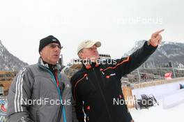 28.02.2012, Ruhpolding, Germany (GER): Event Feature: Norbert Baier (GER), IBU head TD and Sigi Ruster (GER), first camera man ZDF- IBU world championships biathlon, training, Ruhpolding (GER). www.nordicfocus.com. © Manzoni/NordicFocus. Every downloaded picture is fee-liable.