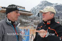 28.02.2012, Ruhpolding, Germany (GER): Event Feature: Norbert Baier (GER), IBU head TD and Sigi Ruster (GER), first camera man ZDF- IBU world championships biathlon, training, Ruhpolding (GER). www.nordicfocus.com. © Manzoni/NordicFocus. Every downloaded picture is fee-liable.