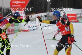02.12.2012, Oestersund, Sweden (SWE): Martin Fourcade (FRA), Rossignol, Rottefella, OneWay,Andreas Birnbacher (GER), Fischer, Rottefella, Alpina, Leki, adidas - IBU world cup biathlon, pursuit men, Oestersund (SWE). www.nordicfocus.com. © Manzoni/NordicFocus. Every downloaded picture is fee-liable.