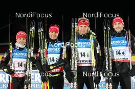 25.11.2012, Oestersund, Sweden (SWE): L-R: Andreja Mali (SLO), Fischer, Rottefella, Alpina, Leki, Teja Gregorin (SLO), Fischer, Rottefella, Alpina, Leki, Klemen Bauer (SLO), Fischer, Rottefella, Alpina, Swix, Jakov Fak (SLO), Fischer, Rottefella, Alpina, Swix - IBU world cup biathlon, relay mixed, Oestersund (SWE). www.nordicfocus.com. © Manzoni/NordicFocus. Every downloaded picture is fee-liable.