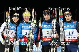 25.11.2012, Oestersund, Sweden (SWE): L-R: Marie Laure Brunet (FRA), Rossignol, Rottefella, Swix, Marie Dorin (FRA), Rossignol, Rottefella, OneWay, Jean Guillaume Beatrix (FRA), Rossignol, Rottefella, One Way, Odlo, Alexis Boeuf (FRA), Salomon, Swix, OneWay - IBU world cup biathlon, relay mixed, Oestersund (SWE). www.nordicfocus.com. © Manzoni/NordicFocus. Every downloaded picture is fee-liable.
