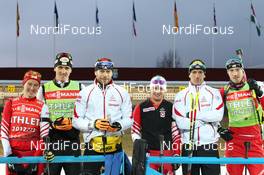 24.11.2012, Oestersund, Sweden (SWE): L-R: Romana Schrempf (AUT), Fischer, Rottefella, Swix, Friedrich Pinter (AUT), Atomic, OneWay, Daniel Mesotitsch (AUT), Fischer, Rottefella, Leki, Christoph Sumann (AUT), Atomic, Leki , Dominik Landertinger (AUT), Atomic, Alpina, Leki - IBU world cup biathlon, training, Oestersund (SWE). www.nordicfocus.com. © Manzoni/NordicFocus. Every downloaded picture is fee-liable.