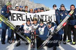 09.12.2012, Hochfilzen, Austria (AUT): The french team says good bye to Vincent Jay (FRA), Fischer, Rottefella, OneWay with Martin Fourcade (FRA), Rossignol, Rottefella, OneWay, Alexis Boeuf (FRA), Salomon, Swix, OneWay, Jean Guillaume Beatrix (FRA), Rossignol, Rottefella, One Way - IBU world cup biathlon, relay men, Hochfilzen (AUT). www.nordicfocus.com. © Manzoni/NordicFocus. Every downloaded picture is fee-liable.