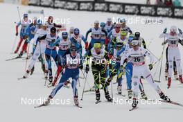 05.01.2012, Cortina-Toblach, Italy (ITA): the mass start group, in front l-r: Laura Ahervo (FIN), Madshus, Rottefella, Craft , Anouk Faivre Picon (FRA), Madshus, Salomon, Swix, One Way, Anna Haag (SWE), Atomic, Salomon, One Way, Craft  - FIS world cup cross-country, tour de ski, pursuit women, Cortina-Toblach (ITA). www.nordicfocus.com. © Hemmersbach/NordicFocus. Every downloaded picture is fee-liable.