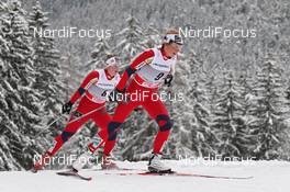 05.01.2012, Cortina-Toblach, Italy (ITA): Marthe Kristoffersen (NOR), Atomic, Salomon, Swix ahead of Ingvild Flugstad Oestberg (NOR), Madshus, Rottefella, Swix, Alpina  - FIS world cup cross-country, tour de ski, pursuit women, Cortina-Toblach (ITA). www.nordicfocus.com. © Hemmersbach/NordicFocus. Every downloaded picture is fee-liable.