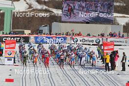 07.01.2012, Val di Fiemme, Italy (ITA): start, in the center, l-r: Petter Northug (NOR), Fischer, Rottefella, Alpina, Ski Go, Swix, Dario Cologna (SUI), Fischer, Rottefella, Alpina, Swix, Odlo, Alexander Legkov (RUS), Rossignol, Rottefella, Swix, adidas  - FIS world cup cross-country, tour de ski, mass men, Val di Fiemme (ITA). www.nordicfocus.com. © Hemmersbach/NordicFocus. Every downloaded picture is fee-liable.