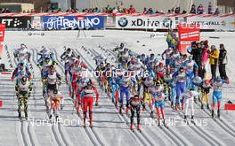 07.01.2012, Val di Fiemme, Italy (ITA): start l-r: Maurice Manificat (FRA), Fischer, Swix, One Way, Devon Kershaw (CAN), Fischer, Salomon, Swix, One Way, Petter Northug (NOR), Fischer, Rottefella, Alpina, Ski Go, Swix  Dario Cologna (SUI), Fischer, Rottefella, Alpina, Swix, Odlo, Alexander Legkov (RUS), Rossignol, Rottefella, Swix, adidas, Marcus Hellner (SWE), Fischer, Salomon, Exel, Craft, Ilia Chernousov (RUS), Rossignol, Rottefella, Swix, adidas  - FIS world cup cross-country, tour de ski, mass men, Val di Fiemme (ITA). www.nordicfocus.com. © Hemmersbach/NordicFocus. Every downloaded picture is fee-liable.