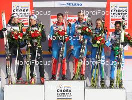 15.01.2012, Milano, Italy (ITA): podium, l-r: Teodor Peterson (SWE), Rossignol, Alpina, One Way, Craft, Calle Halfvarsson (SWE), Fischer, Rottefella, Alpina, One Way, Craft, Nikolay Morilov (RUS), Madshus, Rottefella, adidas, Swix, Alexei Petukhov (RUS), Fischer, Fischer, Rottefella, Swix, Adidas, Daniel Hofer (AUT), Fischer, Rottefella, Leki, Fulvio Scola (ITA), Fischer, One Way, Rottefella  - FIS world cup cross-country, team sprint, Milano (ITA). www.nordicfocus.com. © Hemmersbach/NordicFocus. Every downloaded picture is fee-liable.