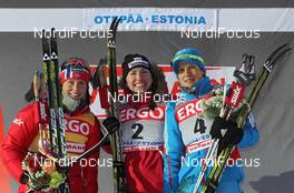 21.01.2012, Otepaeae, Estland (EST): podium, l-r: Marit Bjoergen (NOR), Fischer, Rottefella, Swix, Justyna Kowalczyk (POL), Fischer, Rottefella, Swix, Natalia Matveeva (RUS), Fischer, Alpina, Rottefella, adidas, Swix  - FIS world cup cross-country, individual sprint, Otepaeae (EST). www.nordicfocus.com. © Hemmersbach/NordicFocus. Every downloaded picture is fee-liable.
