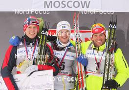 02.02.2012, Moscow, Russia (RUS): podium, l-r: Anders Gloeersen (NOR), Fischer, Alpina, Rottefella, Swix, Teodor Peterson (SWE), Rossignol, Alpina, One Way, Craft, Devon Kershaw (CAN), Fischer, Salomon, Swix, One Way  - FIS world cup cross-country, individual sprint, Moscow (RUS). www.nordicfocus.com. © Hemmersbach/NordicFocus. Every downloaded picture is fee-liable.