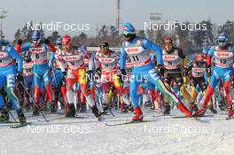 04.02.2012, Rybinsk, Russia (RUS): l-r: Ilia Chernousov (RUS), Rossignol, Rottefella, Swix, adidas, Alex Harvey (CAN), Fischer, Salomon, Swix, One Way, Devon Kershaw (CAN), Fischer, Salomon, Swix, One Way Giorgio di Centa (ITA), Fischer, Alpina, Rottefella, Swix, Rudy Project, Jens Filbrich (GER), Rossignol, Rottefella, One Way, adidas, Tobias Angerer (GER), Rossignol, Rottefella, One Way, adidas, Dimitri Japarov (RUS), Fischer, Rottefella, Alpina, Swix, Adidas  - FIS world cup cross-country, mass men, Rybinsk (RUS). www.nordicfocus.com. © Hemmersbach/NordicFocus. Every downloaded picture is fee-liable.