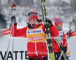 05.02.2012, Rybinsk, Russia (RUS): Marit Bjoergen (NOR), Fischer, Rottefella, Swix, in the background Therese Johaug (NOR), Fischer, Salomon, Swix  - FIS world cup cross-country, skiathlon women, Rybinsk (RUS). www.nordicfocus.com. © Hemmersbach/NordicFocus. Every downloaded picture is fee-liable.