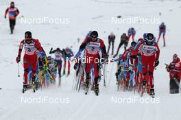 05.02.2012, Rybinsk, Russia (RUS): l-r: Therese Johaug (NOR), Fischer, Salomon, Swix, Justyna Kowalczyk (POL), Fischer, Rottefella, Swix, Marthe Kristoffersen (NOR), Atomic, Salomon, Swix  - FIS world cup cross-country, skiathlon women, Rybinsk (RUS). www.nordicfocus.com. © Hemmersbach/NordicFocus. Every downloaded picture is fee-liable.