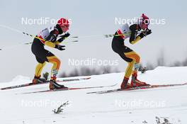05.02.2012, Rybinsk, Russia (RUS): l-r: Katrin Zeller (GER), Rossignol, Rottefella, One Way, adidas and Nicole Fessel (GER), Rossignol, Rottefella, Alpina, One Way, adidas  - FIS world cup cross-country, skiathlon women, Rybinsk (RUS). www.nordicfocus.com. © Hemmersbach/NordicFocus. Every downloaded picture is fee-liable.