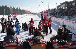 12.02.2012, Nove Mesto, Czech Republic (CZE): feature, teams celebrating in the finish area - FIS world cup cross-country, 4x5km women, Nove Mesto (CZE). www.nordicfocus.com. © Hemmersbach/NordicFocus. Every downloaded picture is fee-liable.