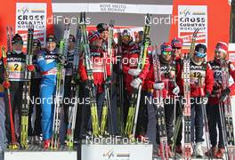 12.02.2012, Nove Mesto, Czech Republic (CZE): podium, l-r: Team Finland, Team Norway I, Team Norway II - FIS world cup cross-country, 4x5km women, Nove Mesto (CZE). www.nordicfocus.com. © Hemmersbach/NordicFocus. Every downloaded picture is fee-liable.