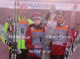 07.03.2012, Drammen, Norway (NOR): podium, l-r: Len Valjas (CAN), Fischer, Rottefella, Alpina, Swix, One Way, Eirik Brandsdal (NOR), Fischer, Rottefella, Alpina, Swix, Paal Golberg (NOR), Madshus, Rottefella, Alpina, Swix  - FIS world cup cross-country, individual sprint, Drammen (NOR). www.nordicfocus.com. © Hemmersbach/NordicFocus. Every downloaded picture is fee-liable.