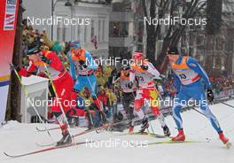 07.03.2012, Drammen, Norway (NOR): l-r: Paal Golberg (NOR), Madshus, Rottefella, Alpina, Swix, Nikita Kriukov (RUS), Rossignol, Rottefella, Swix, adidas, Devon Kershaw (CAN), Fischer, Salomon, Swix, One Way, Toni Ketelae (FIN), Fischer, Rottefella, Alpina, Craft, Swix - FIS world cup cross-country, individual sprint, Drammen (NOR). www.nordicfocus.com. © Hemmersbach/NordicFocus. Every downloaded picture is fee-liable.