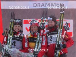 07.03.2012, Drammen, Norway (NOR): podium, l-r: Astrid Uhrenholdt Jacobsen (NOR), Fischer, Rottefella, Swix, Marit Bjoergen (NOR), Fischer, Rottefella, Swix, Justyna Kowalczyk (POL), Fischer, Rottefella, Swix  - FIS world cup cross-country, individual sprint, Drammen (NOR). www.nordicfocus.com. © Hemmersbach/NordicFocus. Every downloaded picture is fee-liable.